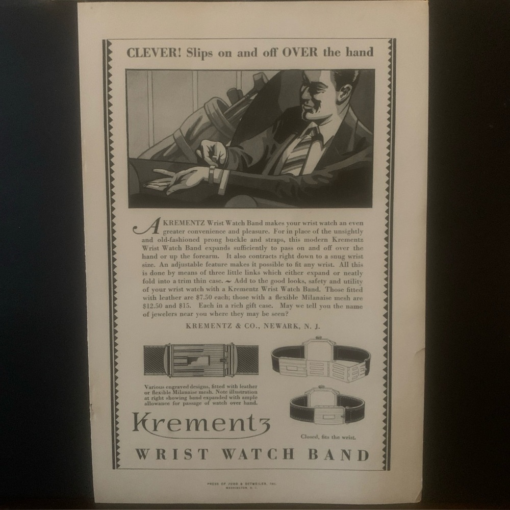 Vintage 1928 Krements Wrist Watch Band Ad Advertisement
